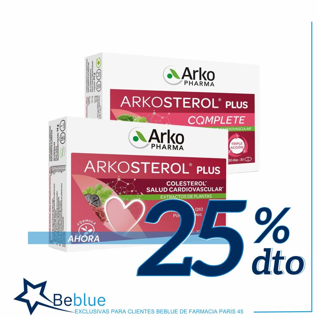 Arkosterol plus y arkosterol plus complete con un 20% de descuento para los clientes beblue de la farmacia parís 45 de barcelona.