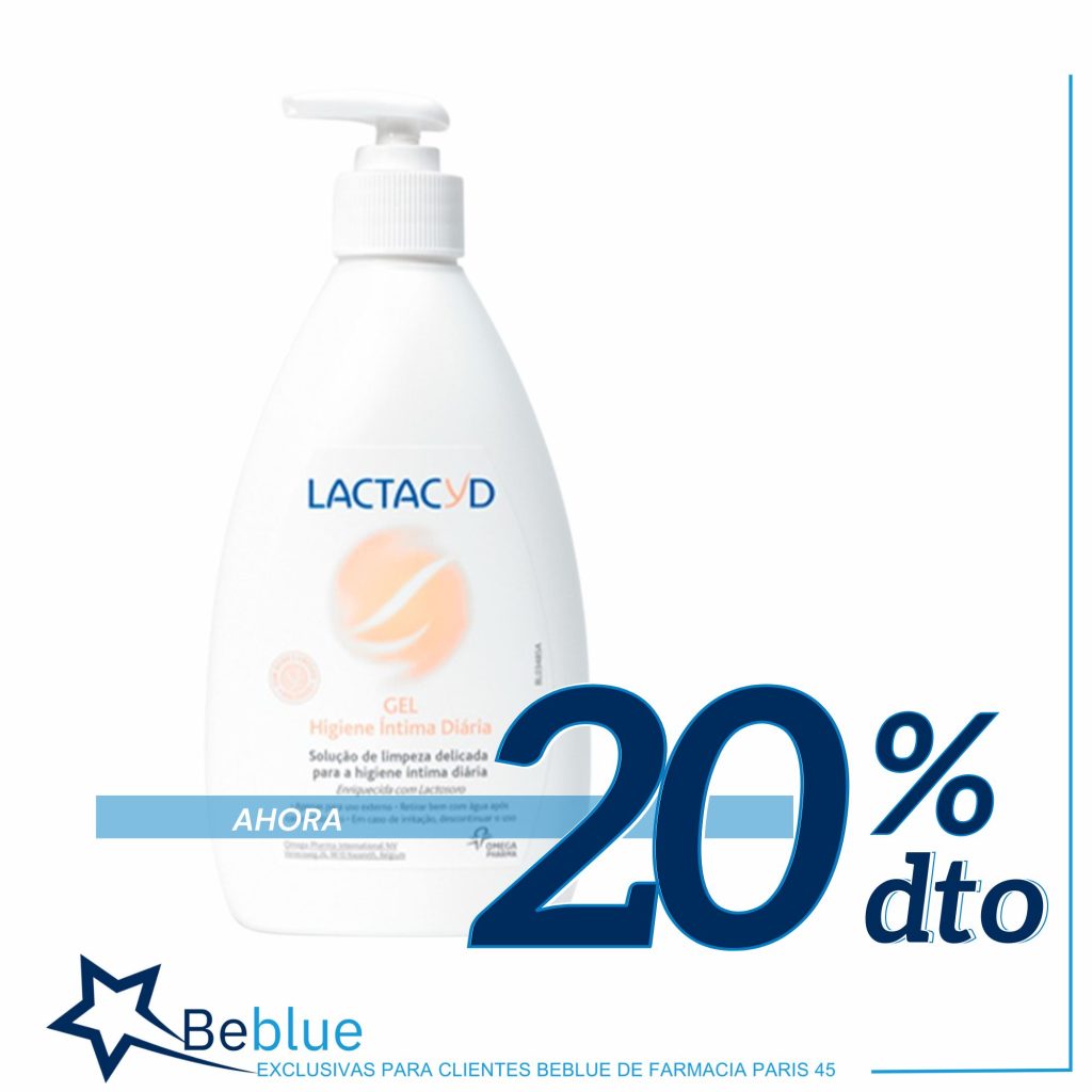 Gel intimo lactacyd con un 20% de descuento para clientes beblue de la farmacia parís 45 de Barcelona.