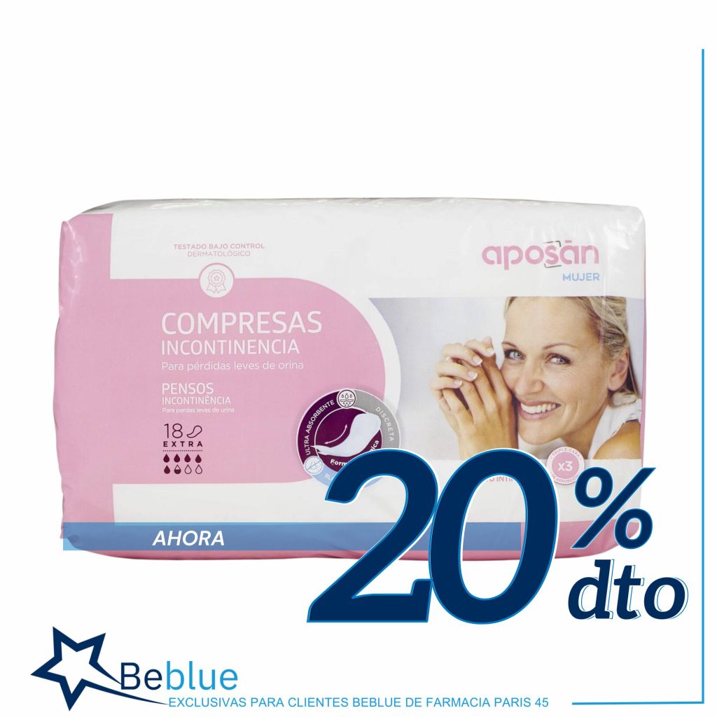 Compresa para incontinencia ligera aposan con un 20% de descuento para clientes Beblue de la farmacia parís 45 de Barcelona.