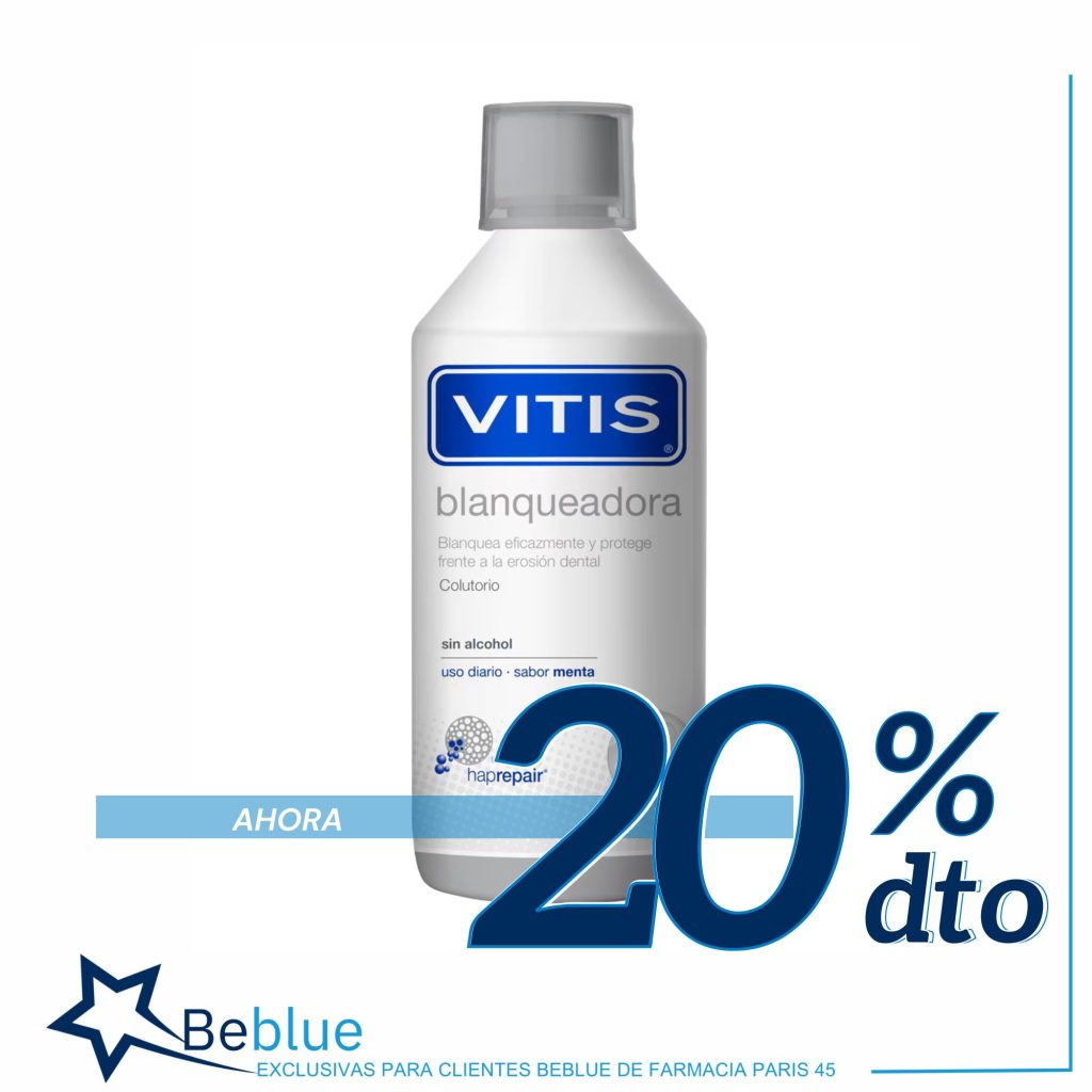 Colutorio Vitis blanqueador con un 20% de descuento para los clientes beblue de la farmacia parís 45 de Barcelona.