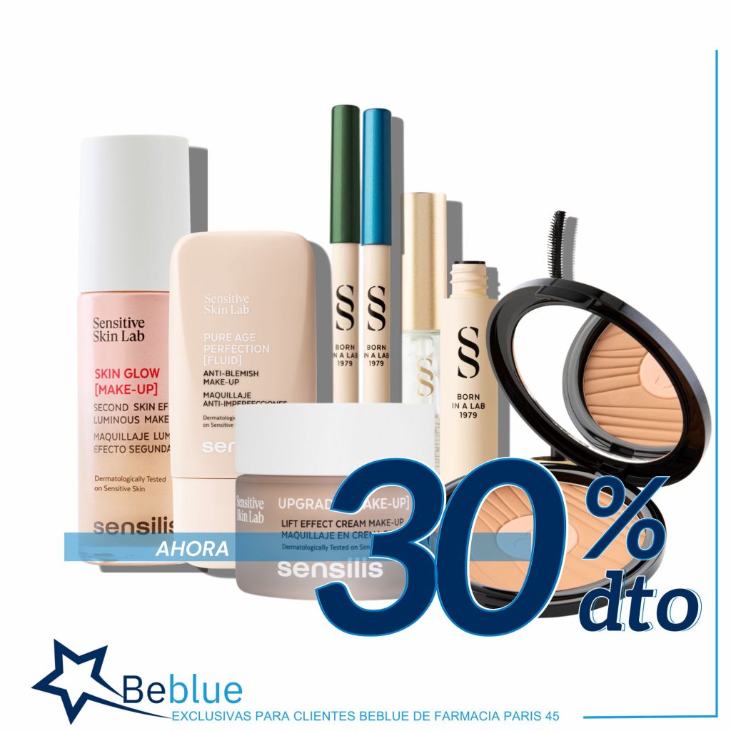 maquillaje, lápiz de ojos, colorete, polvos, mascara de labios, fijador de cejas, labiales, toda la línea de maquillaje de Sensilis con un 305 de descuento. Oferta en farmacia París 45. Barcelona