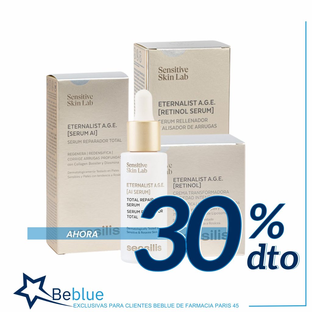 Crema de noche, serum de retinol y serum reafirmante Eternalist de Sensilis con un 30% de descuento por ser cliente beblue de la farmacia París 45 de Barcelona.
