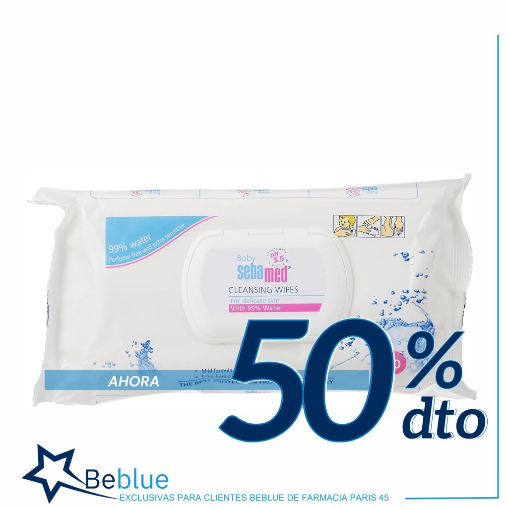 Sebamed toallitas infantiles con un descuento del 50% por ser cliente beblue de la farmacia parís 45 en Barcelona.