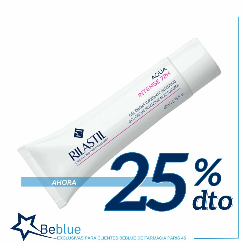 Rilastil aqua intense 72h con un 25% de Descuento para los clientes beblue de la farmacia París 45 de barcelona.