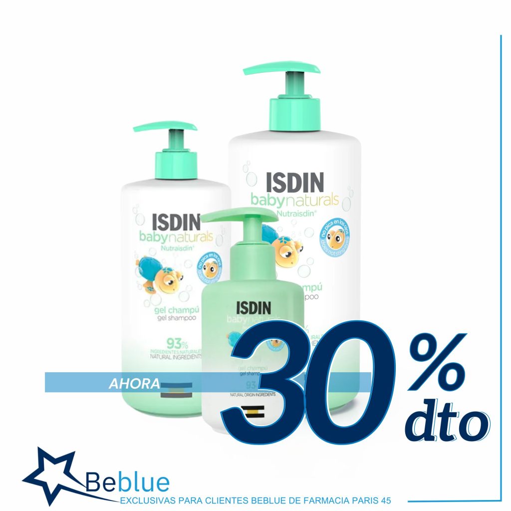 Gel de baño babynaturals de Isdin con un descuento del 30% para los clientes beblue de la farmacia paris 45 de Barcelona.