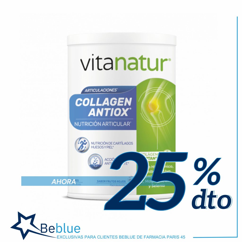 Vitanatur collagen antiox bote de 360gr con un 25% de descuento para clientes beblue de la farmacia parís 45 de barcelona.