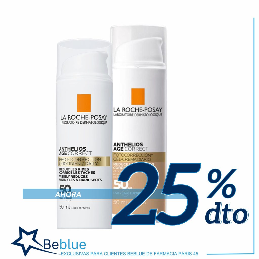 En la farmacia Paris 45 de Barcelona tenemos un 25% de descuento en los solares faciales anthelios age correct para nuestros clientes beblue.