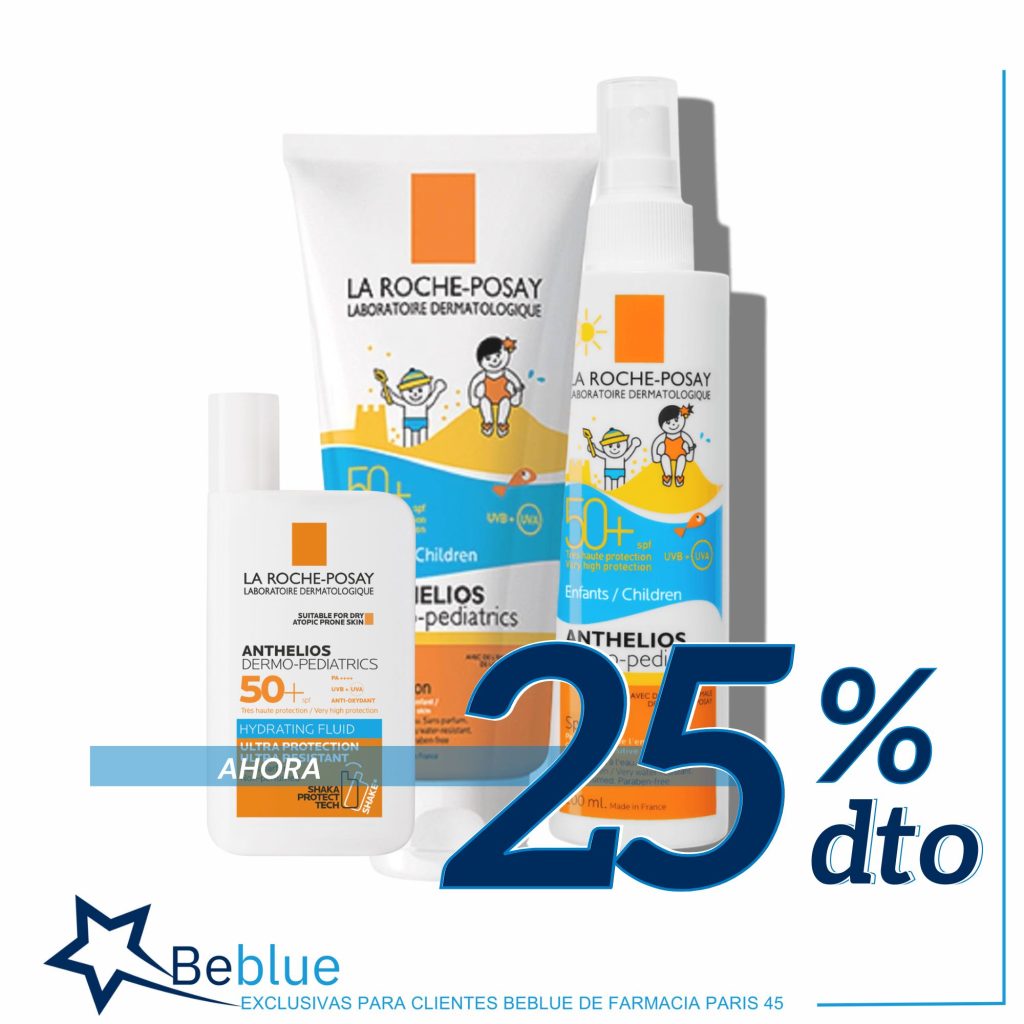 En la farmacia Paris 45 de Barcelona tenemos un 25% de descuento en los solares infantiles anthelios para nuestros clientes beblue.
