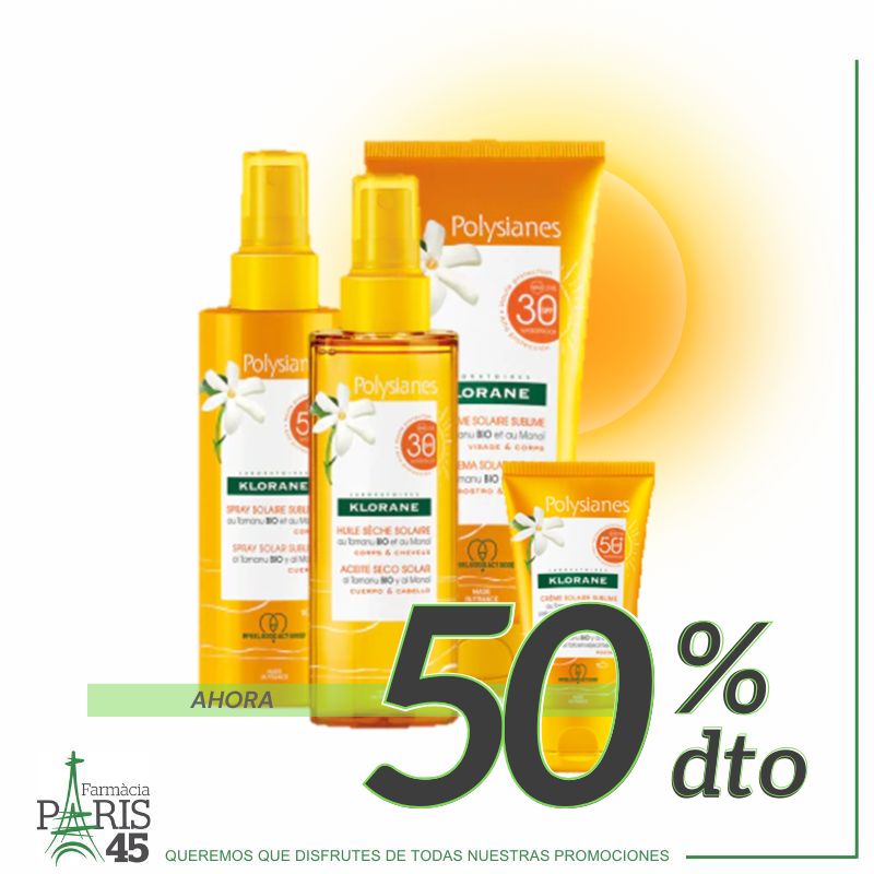 En la farmacia Paris 45 de Barcelona tenemos los solares de polysianes con un 50% de descuento.