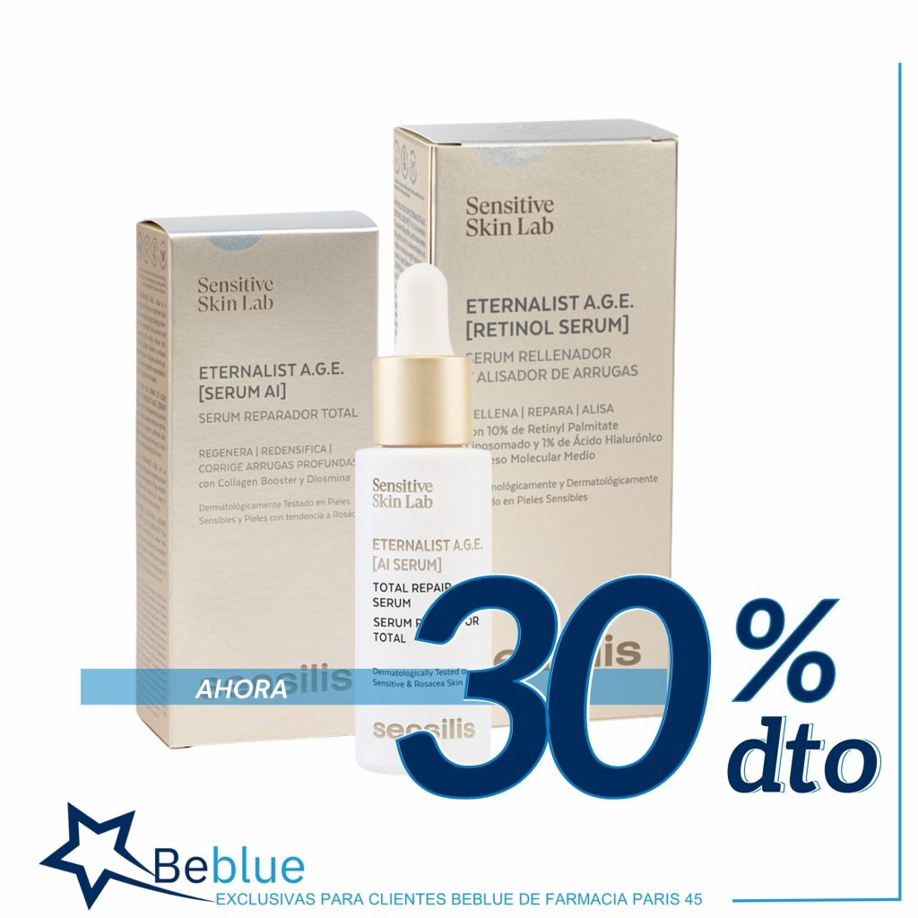 Serúm de retinol y serum reafirmante Eternalist de Sensilis con un 30% de descuento por ser cliente beblue de la farmacia París 45 de Barcelona.