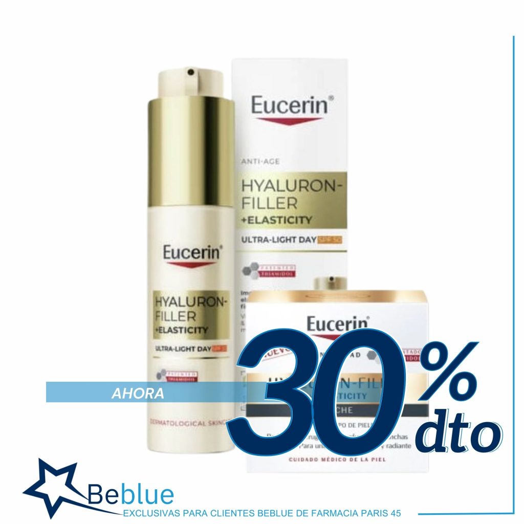 30% de descuento en la gama Eucerin Hyaluron-Filler + Elasticity siendo cliente beblue en la farmacia parís 45 de barcelona.