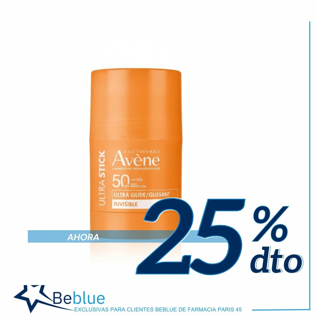 25% de descuento stick solar de Avène siendo cliente beblue en la farmacia parís 45 de barcelona.