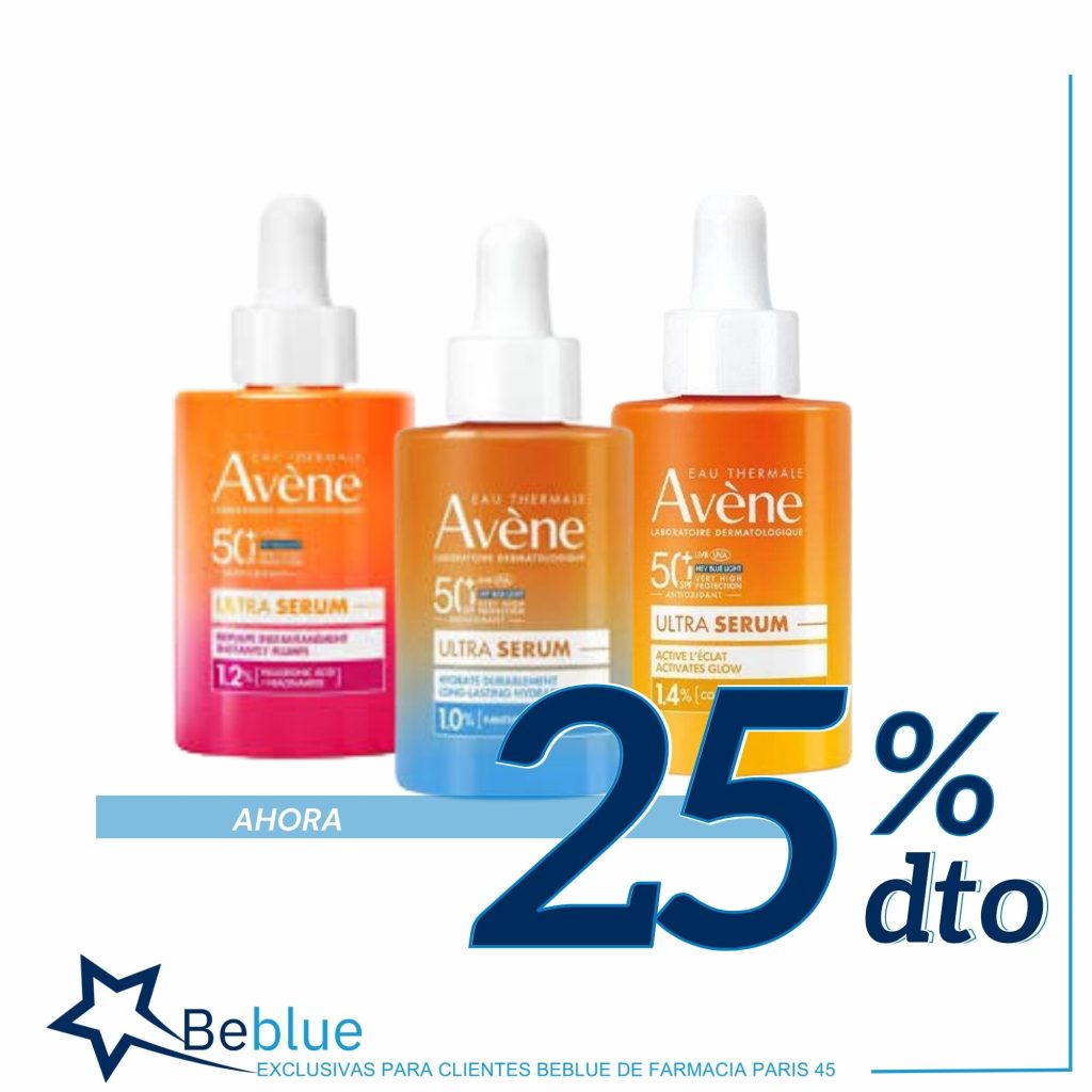 Los Serúms SPF50+ de avene con un 25% de descuento siendo cliente beblue en la farmacia parís 45 de barcelona.